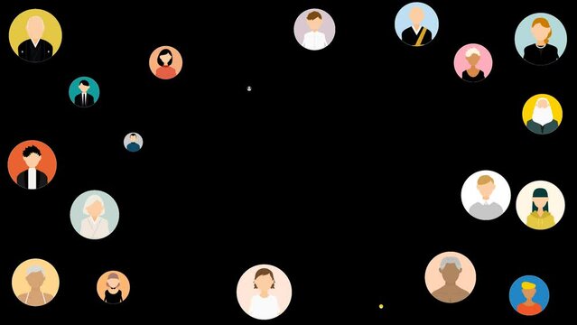 Image of people's icons appearing one after another, copy space in the center, 4k