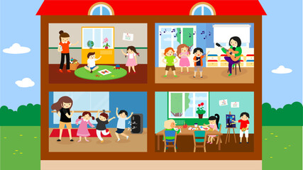 Vector illustration of children learning in the classroom. Flat style design.