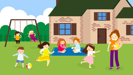 Vector illustration of children learning in the classroom. Flat style design.