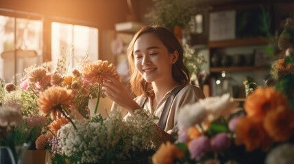 Smiling florist woman flowers seller in flowers shop, attractive woman works with bouquet of beautiful fresh flowers in shop, happy floral designer handling flowers, floristry business generative AI