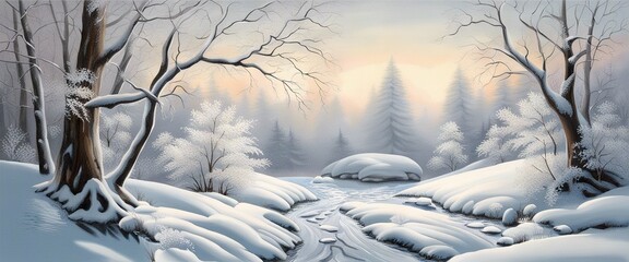 Illustration landscape. Snowy background. Snowdrifts wallpaper Winter season.