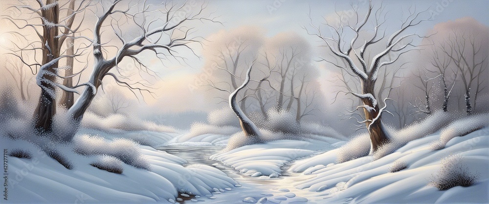 Wall mural Illustration landscape. Snowy background. Snowdrifts wallpaper Winter season.