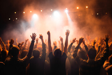 Fototapeta na wymiar Crowd raising hands up during concert or festival