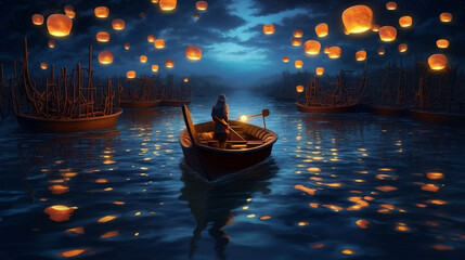 river celebration lantern light water lamp festival travel night boat. Generative AI.