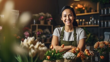 Smiling florist woman flowers seller in flowers shop, attractive woman works with bouquet of beautiful fresh flowers in shop, happy floral designer handling flowers, floristry business generative AI - obrazy, fototapety, plakaty