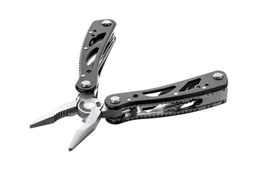 Steel multitool isolated on white background. Opened multitool with pliers, file, blade,...