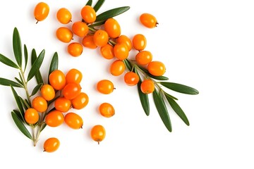 a group of orange berries with green leaves
