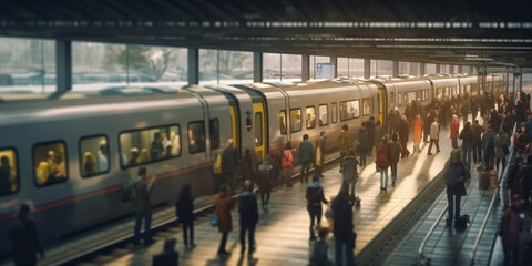 Bustling Subway Station Filled with Numerous People Commuting Together - AI generated - obrazy, fototapety, plakaty