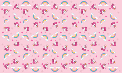 Seamless pattern with unicorns, donuts rainbow, confetti, and other elements.