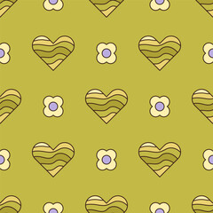 Retro style seamless vector pattern with heart and flowers