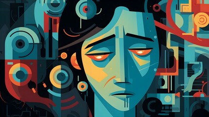 a chaotic woman who suffer from depression and anxiety, Illustration shows many problems of life  - Generative AI