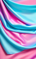 Beautiful light pink blue silk satin surface. Soft folds on shiny fabric. Pink aqua silk fabric satin. Luxury teal background with space for text, design. Web banner. Generative Ai.