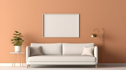 a white couch and a lamp in front of a painting