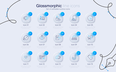 Set of Smartphone waterproof, Teamwork and Hold document line icons for web app. Heartbeat, Aroma candle, Candy icons. Online storage, Coffee cup, Money exchange signs. Timer, Eye laser. Vector