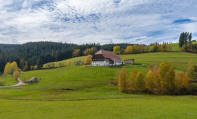 Obraz premium Farmhouse in Jostal near Titisee-Neustadt, Black Forest, Breisgau-Hochschwarzwald, Baden-Wuerttemberg, Germany (photographed from public space)