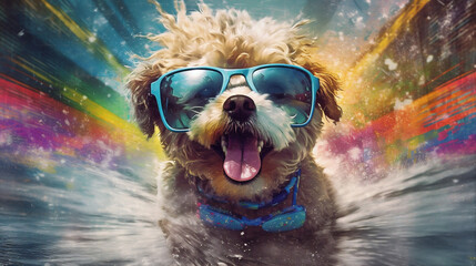 surfer dog funny wave ocean beach vacation summer animal puppy. Generative AI.