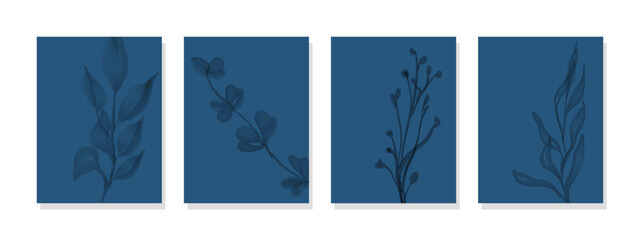 Adorn your space with a set of four blue wall art featuring captivating plant designs, adding a touch of nature's charm to your decor.