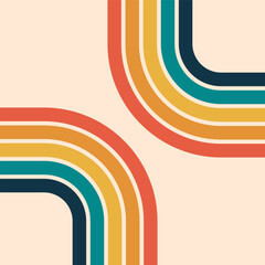 70s retro stripes background. Vintage backdrop with colorful lines. Copy space with two curvy parts facing each other. Circle fractal design elements. Old fashioned wallpaper. Vector illustration. 