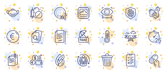 Outline set of Fake news, Interview and Euro money line icons for web app. Include Document attachment, Currency rate, Statistics timer pictogram icons. Cloud computing, Drone. Vector