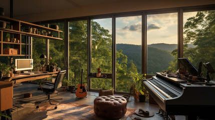 The home recording studio with an expansive window offering a panoramic view of nature for creative inspiration. Generative AI