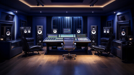The recording studio's control room with an array of high-end audio equipment and LED-lit mixing consoles. Generative AI