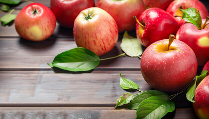 Group of ripe red apples with leaves on a table.