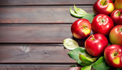 Group of ripe red apples with leaves on a table.
