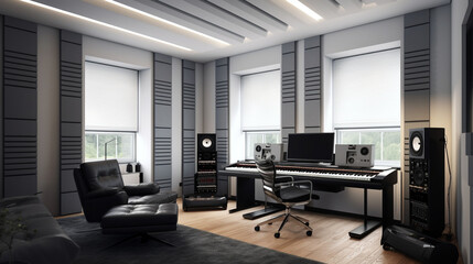 A state-of-the-art home recording studio with a sleek, modern design featuring soundproof acoustic panels. Generative AI