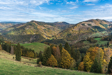 Praeg glacier basin with view of the Feldberg in autumn, Praeg near Todtnau, Loerrach district, Baden-Wuerttemberg, Germany