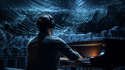 A cinematic shot of a musician playing a grand piano, the sound waves visualized on a large screen....