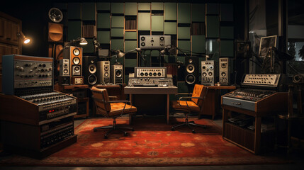 The recording studio setup featuring a vintage tape recorder alongside modern digital audio workstations. Generative AI - obrazy, fototapety, plakaty