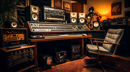 The recording studio setup featuring a vintage tape recorder alongside modern digital audio workstations. Generative AI