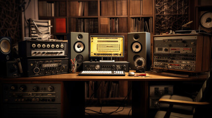 Fototapeta premium The recording studio setup featuring a vintage tape recorder alongside modern digital audio workstations. Generative AI