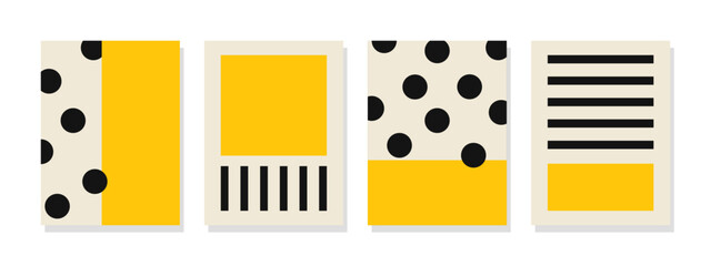 Playful arrangement of vibrant yellow and bold black shapes and polka dots on a pristine white backdrop creates a captivating visual composition.