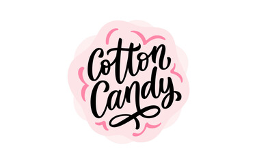 COTTON CANDY LOGO VECTOR. Vector illustration. Sweet cotton candy shop sign. Cartoon doodle style. Cotton candy text with pink floss cloud icon. Pink Graphic design pack. Fast food Colorful Logo badge