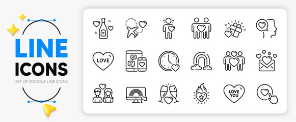 Romantic talk, Love and Dating line icons set for app include Social media, Love gift, Rainbow outline thin icon. Friend, Like button, Lgbt pictogram icon. Honeymoon travel, Heart flame. Vector