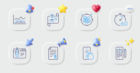 Attachment, Phone touch and Timer line icons. Buttons with 3d bell, chat speech, cursor. Pack of Map, Trade infochart, Start business icon. Stress, Phone code pictogram. For web app, printing. Vector