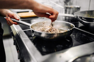 Chef cook hand cooking food at the restaurant kitchen