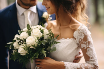 Obraz na płótnie Canvas Bride holding bouquet, Young couple on their wedding day.