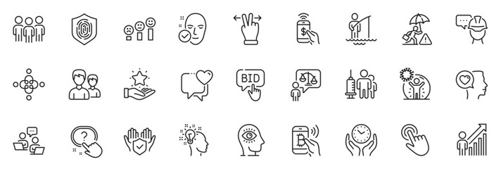Fototapeta na wymiar Icons pack as Romantic talk, Fingerprint and Couple line icons for app include Medical vaccination, Cursor, Teamwork outline thin icon web set. Question button, Idea, Phone payment pictogram. Vector