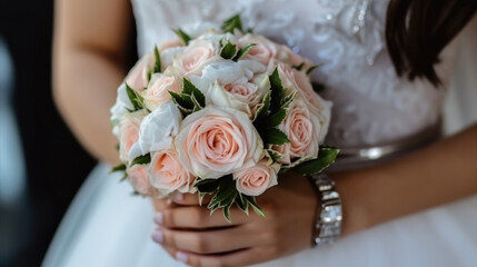 Obraz na płótnie Canvas Bride in White dress holds Bouquet in her hands, Bouquet, wedding bouquet.
