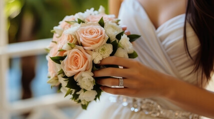 Wedding bride bouquet, Elegant flowers in bride hands.