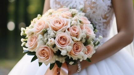 Obraz na płótnie Canvas Bride holding bouquet of flowers outdoors, wedding dress, wedding rings, wedding bouquet.
