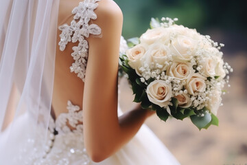 Bride holding bouquet of flowers outdoors, wedding dress, wedding rings, wedding bouquet.