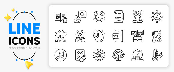 Cut, No music and Time management line icons set for app include Water drop, 5g technology, Capsule pill outline thin icon. Business portfolio, Web3, Emergency call pictogram icon. Timer. Vector