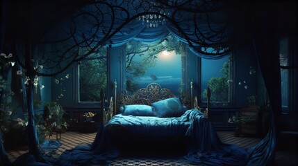 Fairy tale castle, princesses bedroom with window, summer landscape in evening mood, room with decorated trees, in green design, Generative AI