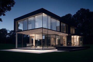 A modern house with a large glass facade is shown at night. The house has a black exterior and is situated on a grassy lot. The house has large windows on all levels and a deck in the back - obrazy, fototapety, plakaty