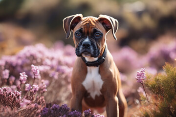 Young Boxer dog sitting in purple heather flower field.