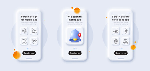 Cyclist, Bio tags and Cardio training line icons pack. 3d phone mockups with bell alert. Glass smartphone screen. Face recognition, Bicycle lockers, Thermometer web icon. Vector