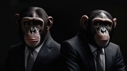 Business Chimps in Suits Isolated on a Black background with a copy space. chimp. chimpanzee. business chimpanzee in a suit. Made With Generative AI.